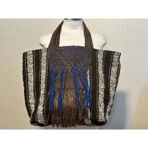 Claramonte Anthropologie Fringe Woven Leather Tapestry Bag Xtra LARGE Purse Tote